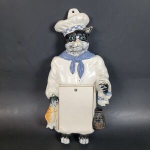 Wrought Iron Cat Chef Notepad Pencil Holder Plaque Wall Hanging